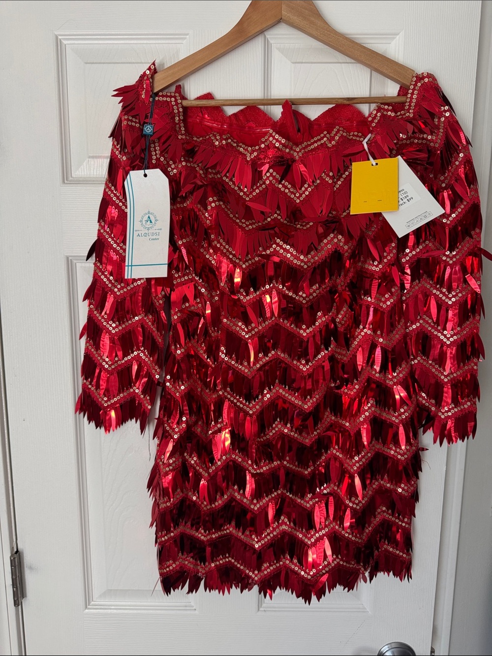 Red Sequin Fringe Mini Dress by Alqudsi
